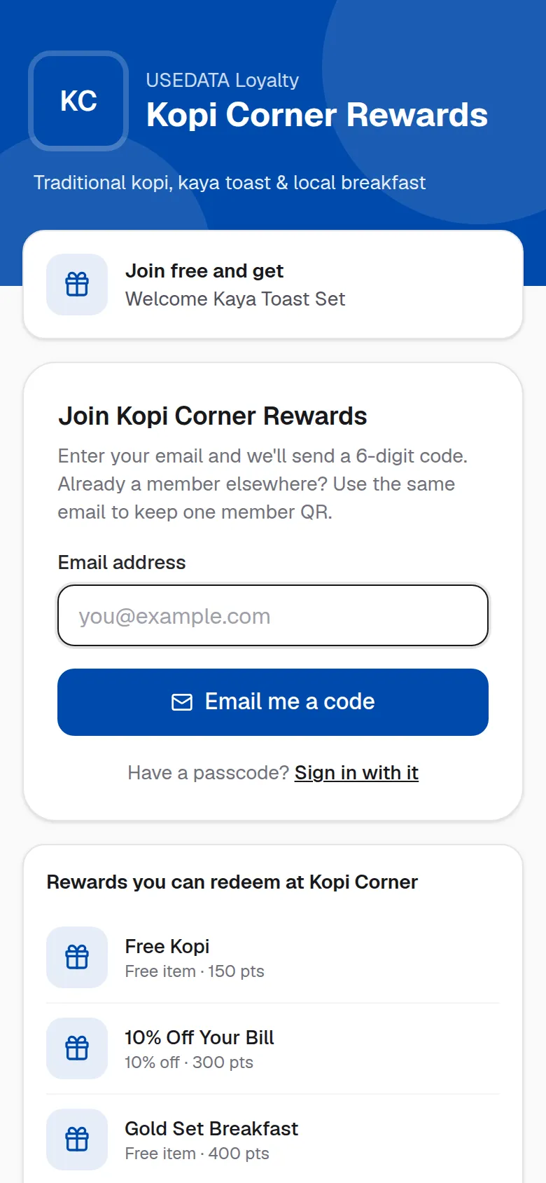 Joining a programme on a phone: the brand's welcome gift and an email field