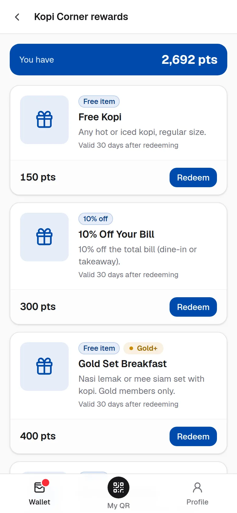 A member's rewards: a free kopi, 10% off the bill and a set breakfast, each with its points price